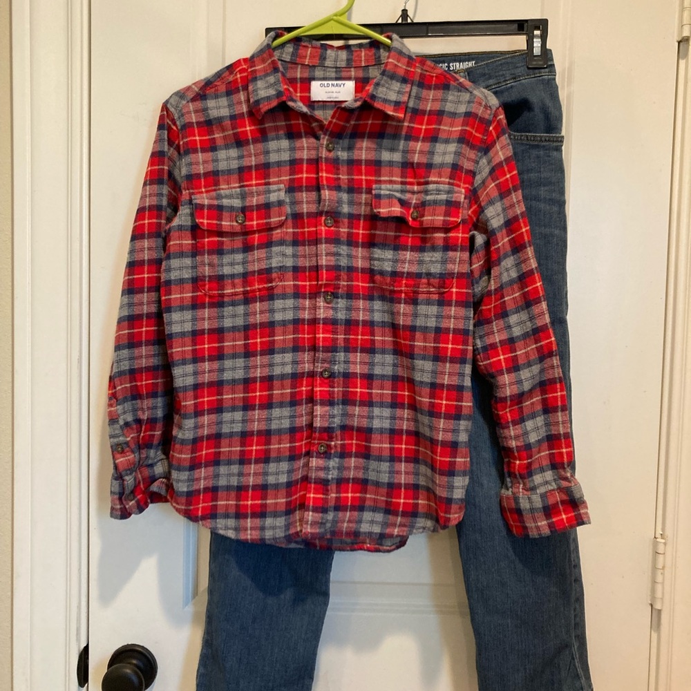 Bundle of Boys Old Navy Red and Gray Plaid Shirt and Wrangler 12 Husky jeans